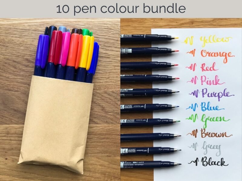 Bundle of ten hand lettering pens comes with red, orange, yellow, green, blue, purple, pink, brown, grey and black