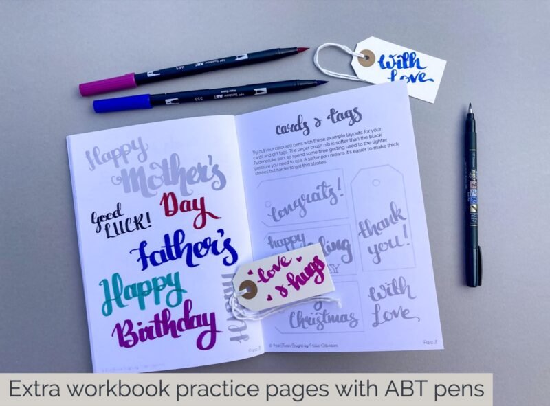 An extra 6 practice pages for cards and tags are included with the ABT pens calligraphy kit, showing Happy Birthday, Mother's Day, Father's Day, Congrats, With Love and more.
