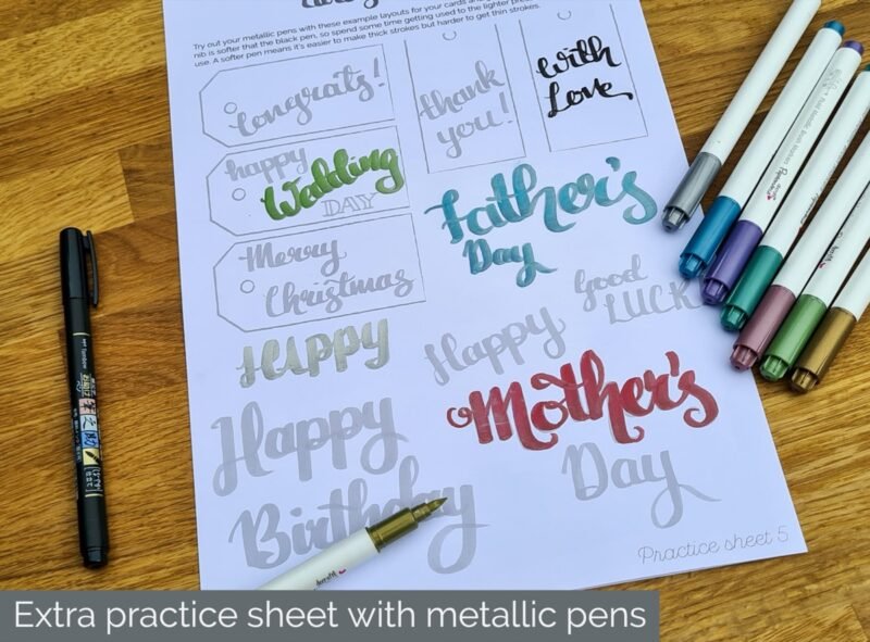 Extra practice sheet included with metallic pens