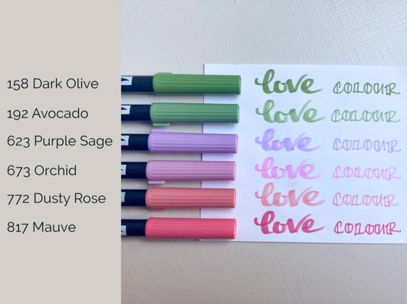 Tombow ABT bundle includes the following colours: 158 Dark Olive, 192, Avocado, 623 Purple Sage, 673 Orchid, 772 Dusty Rose, 817 Mauve