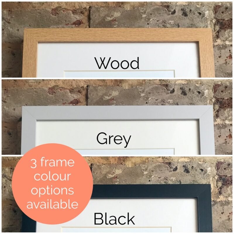 frame colour options are wood, grey and black