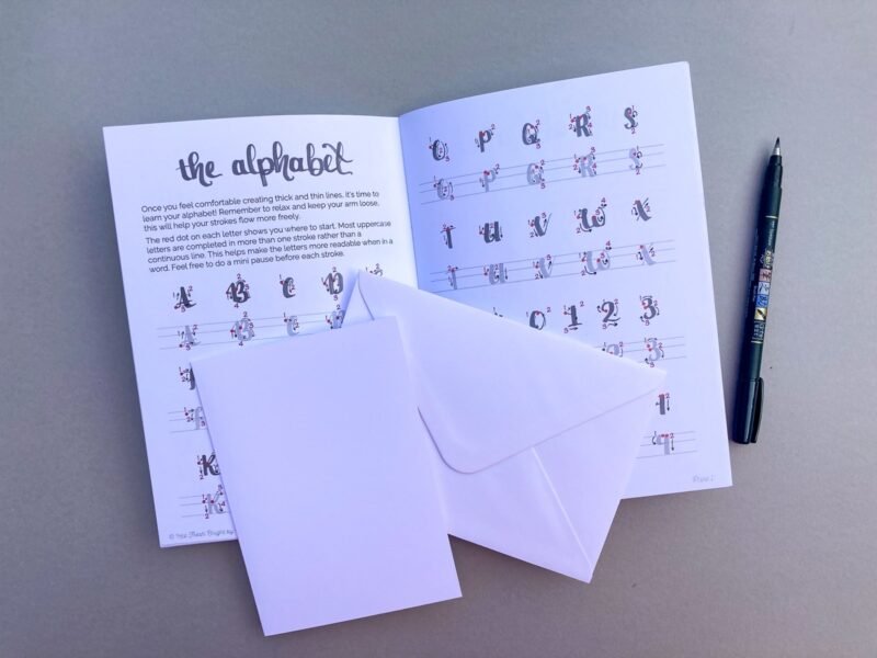 Both uppercase and lowercase calligraphy alphabet as well as numerals are included in the workbook