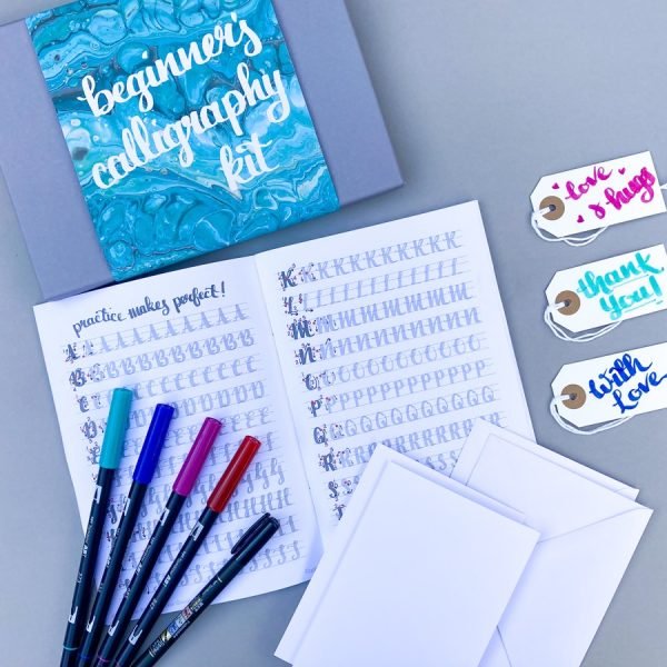 Beginners Calligraphy Set with calligraphy workbook, Tombow coloured brush pens, black brush pen, blank greeting cards and gift tags