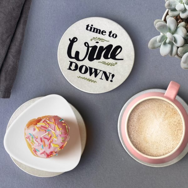 wine themed coaster with coffee cup and cake