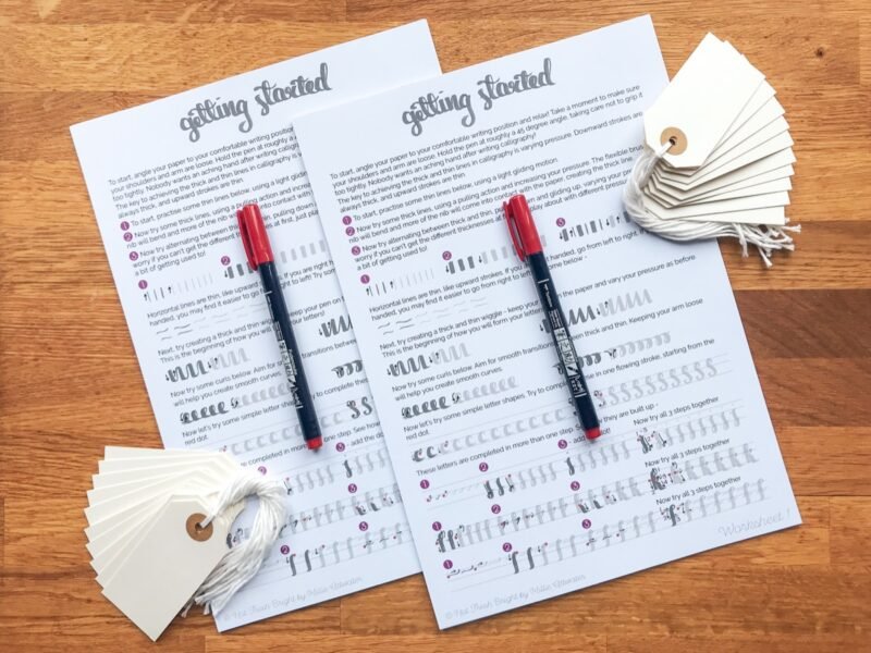 Each kit contains 2 worksheet sets, 2 brush pens, and 20 premium gift tags