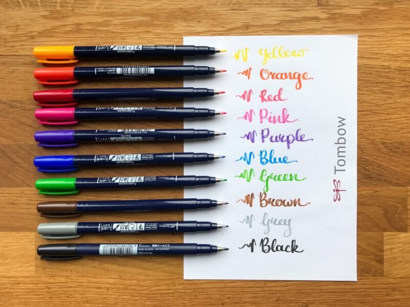 Tombow colour Fude pens available in red, orange, yellow, green, blue, purple, pink, brown, grey and black