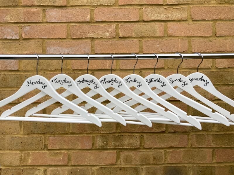 Set of 8 outfit planning hangers on rail with black writing