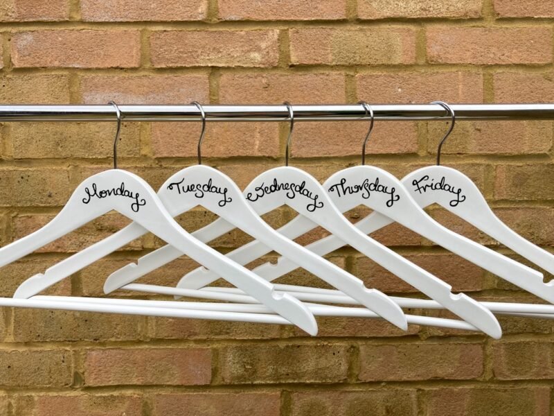 Set of 5 outfit planning hangers on rail with black writing