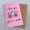 Pink sloths Valentine's card with cute sloths hand drawn and I love you slow much written in calligraphy
