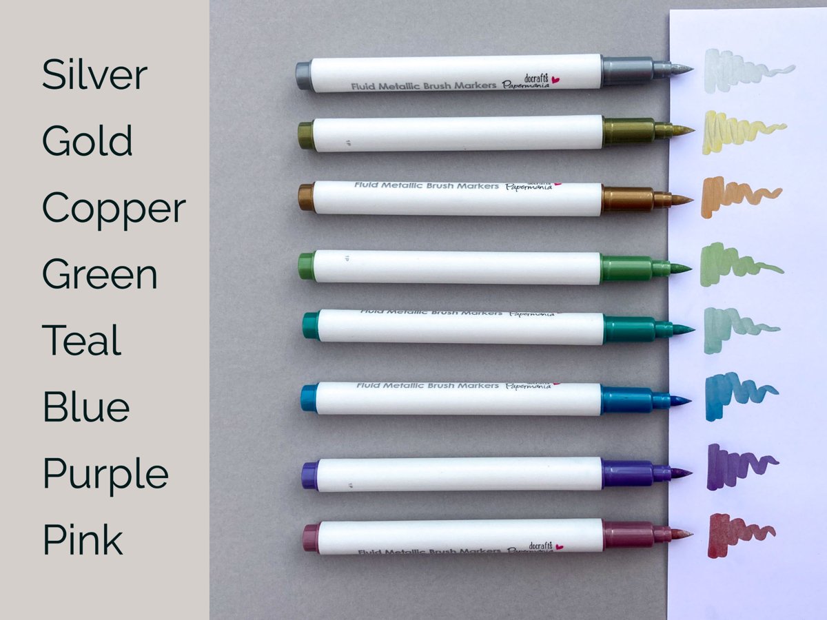 The metallic pen colours include silver, gold, copper, blue, green, teal, pink and purple