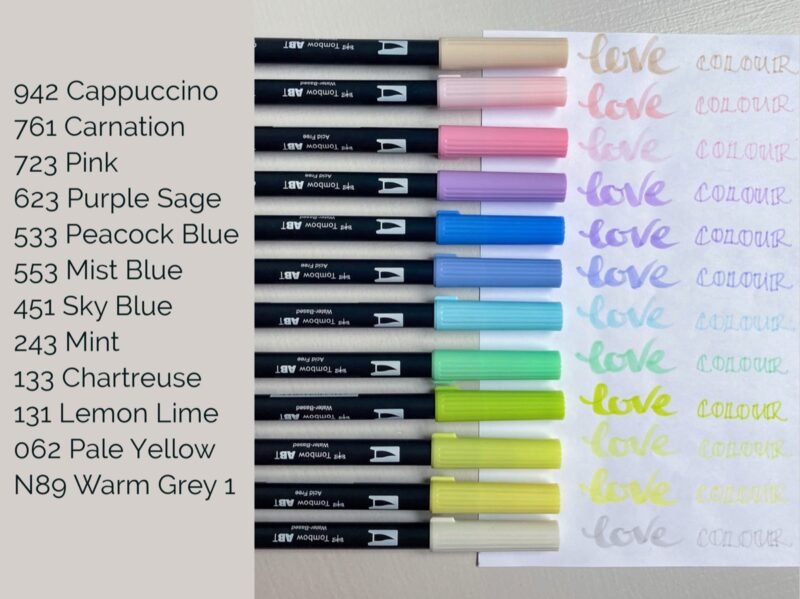 Tombow ABT bundle includes the following colours: 942 Cappuccino, 761 Carnation, 723 Pink, 623 Purple Sage, 533 Peacock Blue, 553 Mist Blue, 451 Sky Blue, 243 Mint, 133 Chartreuse, 131 Lemon Lime, 062 Pale Yellow, N89 Warm Grey 1