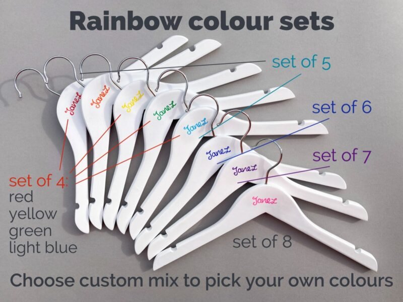 Rainbow hanger sets available from 4 to 8 hangers. Set of 4 is red, yellow, green, light blue. Set of 5 is red, orange, yellow, green, light blue. Set of 6 adds dark blue. Set of 7 adds purple. Set of 8 adds pink.