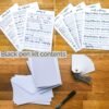 Black pen kit contents - 3 worksheets, 4 different practice sheets, 3 blank cards, 10 gift tags, 1 pen