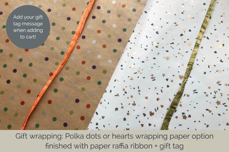 Gift wrapping choice of polka dots wrapping paper or hearts wrapping paper with ribbon and tag