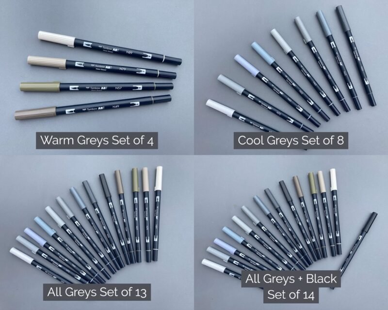 Choose your pack option: all the warm greys, all the cool greys, all the greys, or all the greys plus black