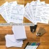 Metallic pens kit contents - 3 worksheets, 5 different practice sheets, 3 blank cards, 10 gift tags, 9 pens