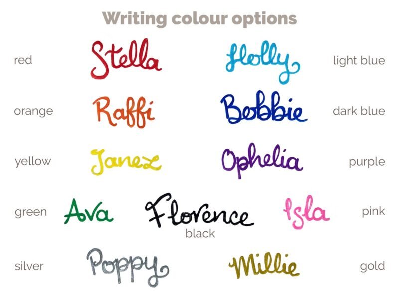 Writing colour options sample: red, orange, yellow, green, light blue, dark blue, purple, pink, gold, silver and black